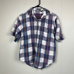 Vintage Deco‎ Plaid Short Sleeve Button Up Shirt Colorful Pattern Western Medium